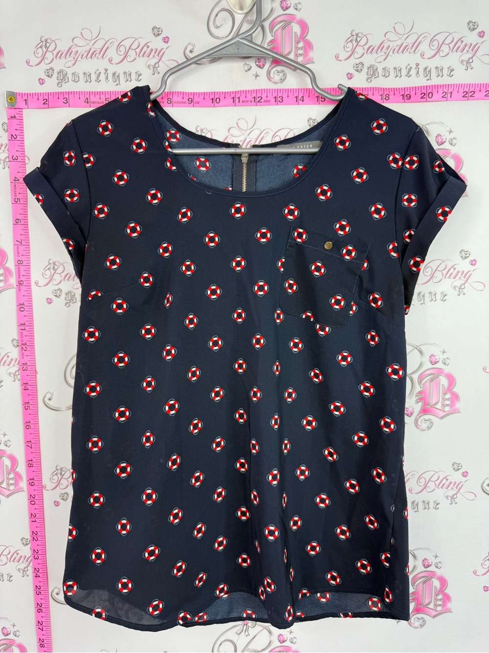 Shirt nautical Navy Life Ring Print Short Sleeve Blouse